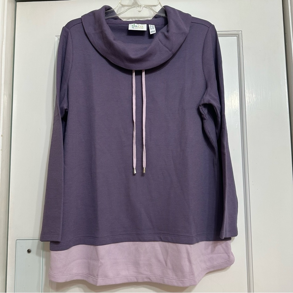 D & Co‎ Active Purple Cowl Neck Long Sleeve Top, Waffle Knit, Layered, Loose, LP